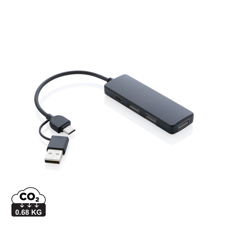 Load image into Gallery viewer, XD Collection RCS recycled plastic USB hub with dual input for phones and tablets, featuring multiple ports and compact design.
