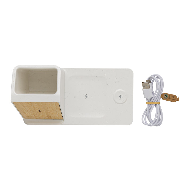 Load image into Gallery viewer, Ontario recycled plastic &amp; bamboo 3-in-1 wireless charger - Custom Wood Designs
