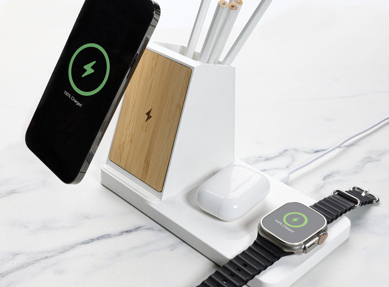 Load image into Gallery viewer, Ontario recycled plastic &amp; bamboo 3-in-1 wireless charger - Custom Wood Designs
