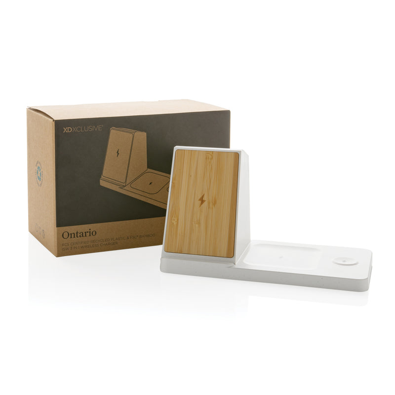 Load image into Gallery viewer, Ontario recycled plastic &amp; bamboo 3-in-1 wireless charger - Custom Wood Designs
