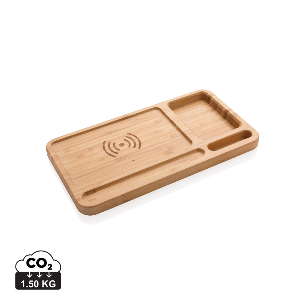 Bamboo desk organiser with 5W wireless charger for phone and tablet, designed by XD Collection, on a workspace.