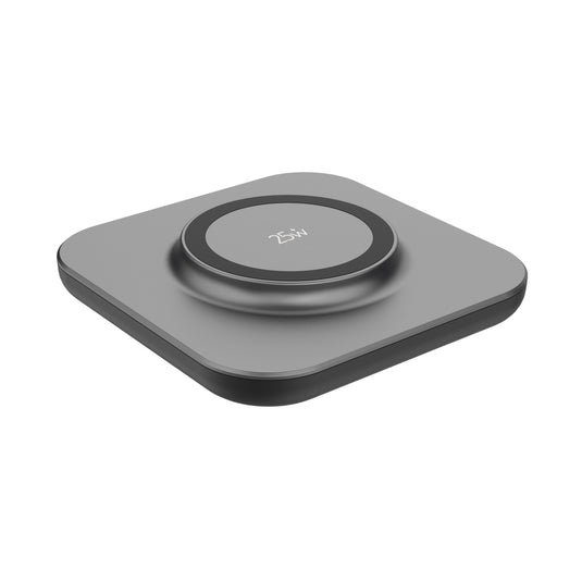 XD Xclusive Quantum ultra-fast 25W magnetic wireless charging pad for phones and tablets, shown with device aligned for charging.