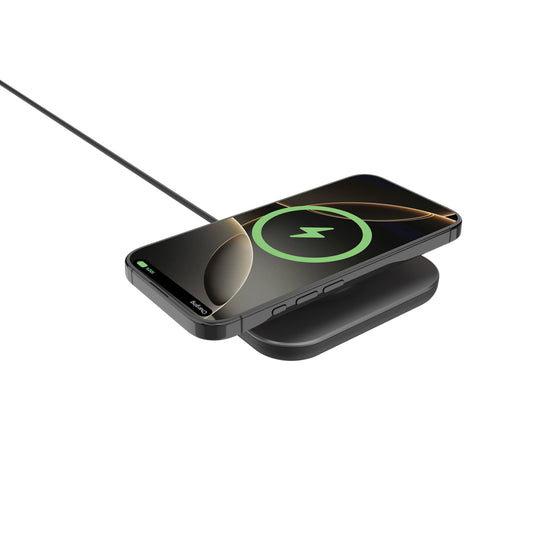 XD Xclusive Quantum ultra-fast 25W magnetic wireless charging pad for phones and tablets, shown with device attached.