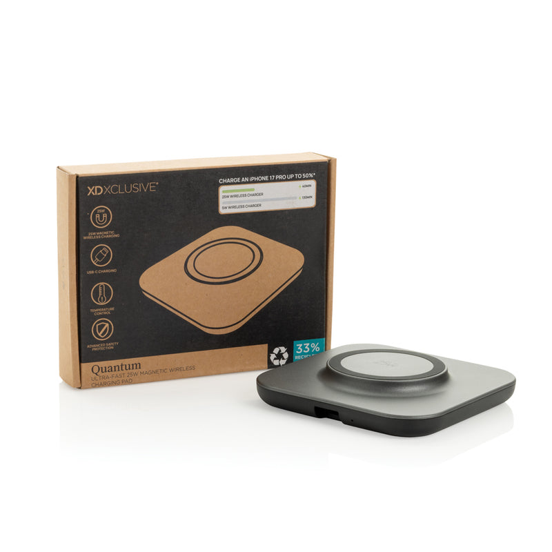 Load image into Gallery viewer, XD Xclusive Quantum ultra-fast 25W magnetic wireless charging pad for phones and tablets, shown in a sleek black design.
