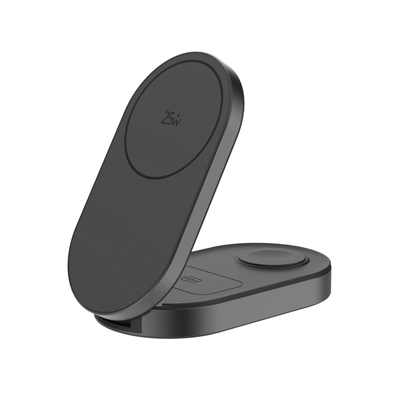 Load image into Gallery viewer, XD Xclusive Quantum ultra-fast 3-in-1 25W foldable wireless charger with phone and tablet charging capabilities, black finish.
