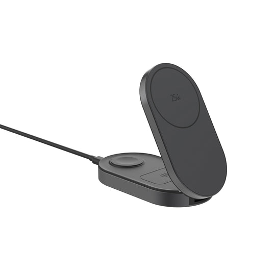 XD Xclusive Quantum ultra-fast 3-in-1 25W foldable wireless charger for phone and tablet, with sleek black design and foldable stand