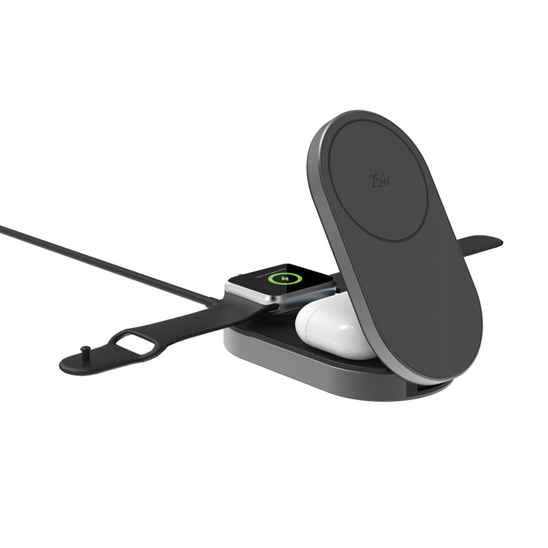 Load image into Gallery viewer, XD Xclusive Quantum ultra-fast 3-in-1 25W foldable wireless charger with phone and tablet charging capabilities.
