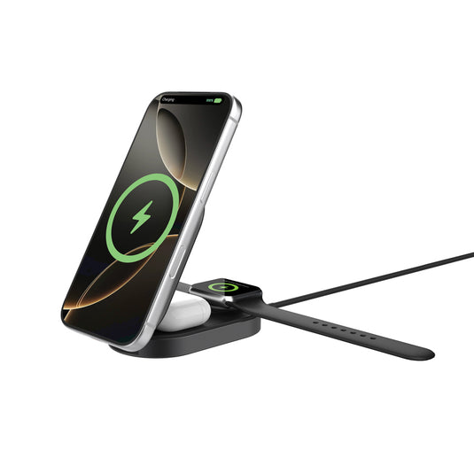 XD Xclusive Quantum ultra-fast 3-in-1 25W foldable wireless charger for phones and tablets, shown in a sleek, compact design.