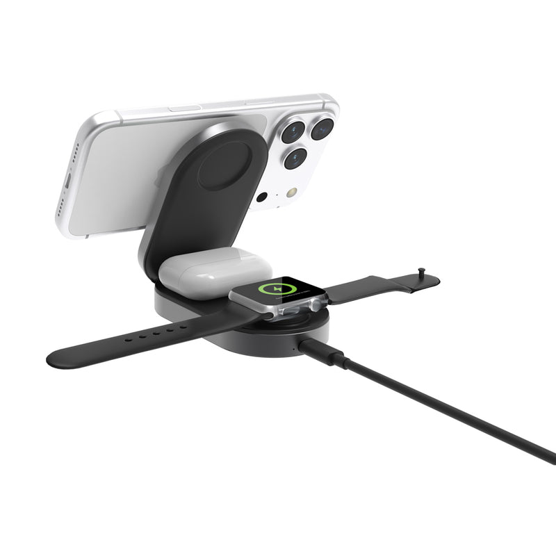 Load image into Gallery viewer, XD Xclusive Quantum ultra-fast 3-in-1 25W foldable wireless charger for phones and tablets, showing its sleek foldable design.

