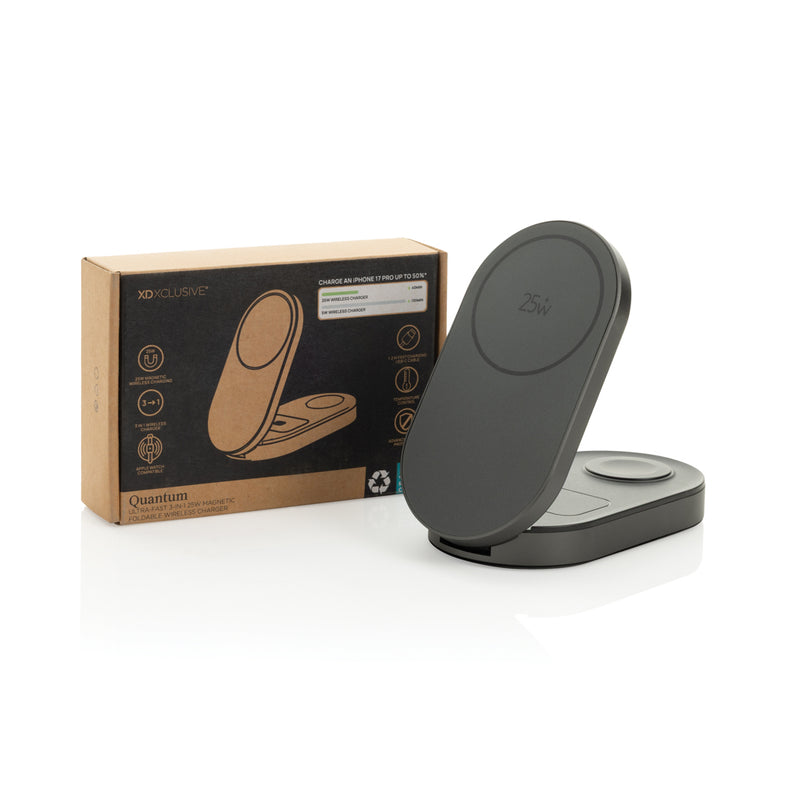 Load image into Gallery viewer, XD Xclusive Quantum ultra-fast 3-in-1 25W foldable wireless charger for phones and tablets, with a sleek, portable design.
