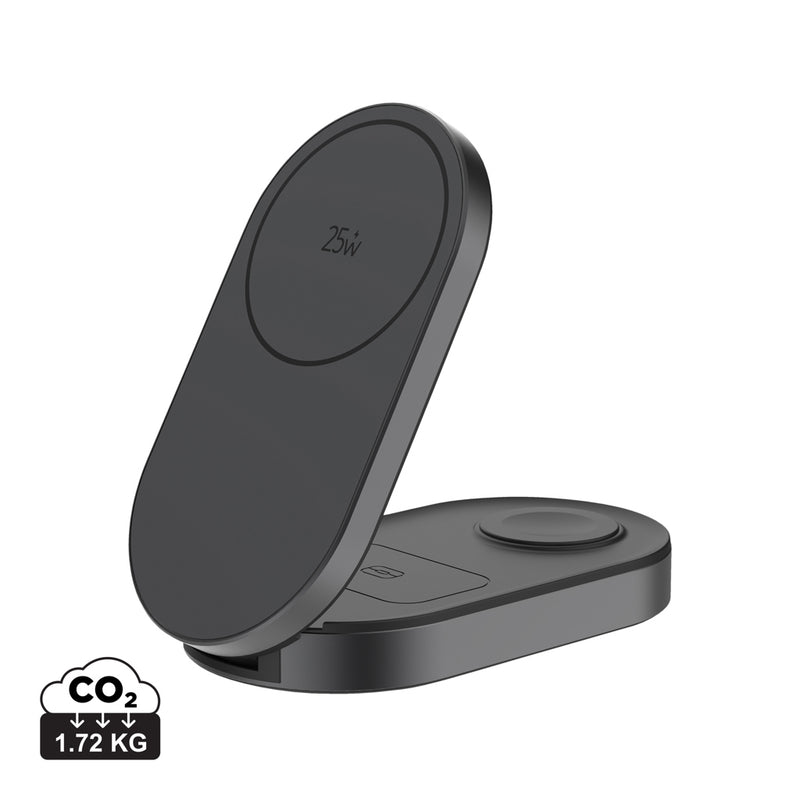 Load image into Gallery viewer, XD Xclusive Quantum ultra-fast 3-in-1 25W foldable wireless charger for phones and tablets, shown in a folded position.

