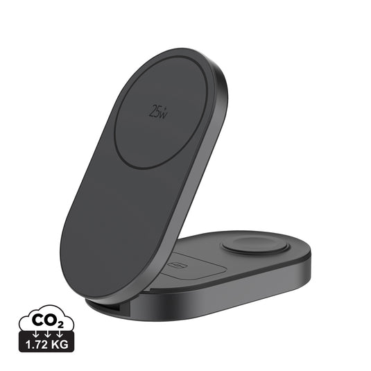 XD Xclusive Quantum ultra-fast 3-in-1 25W foldable wireless charger for phones and tablets, shown in a folded position.