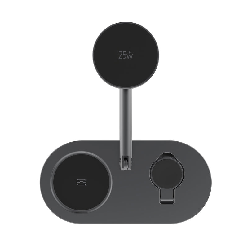Load image into Gallery viewer, Quantum RCS ultra-fast 25W magnetic wireless charger for phones and tablets, by XD Xclusive, shown on a desk with connected devices.

