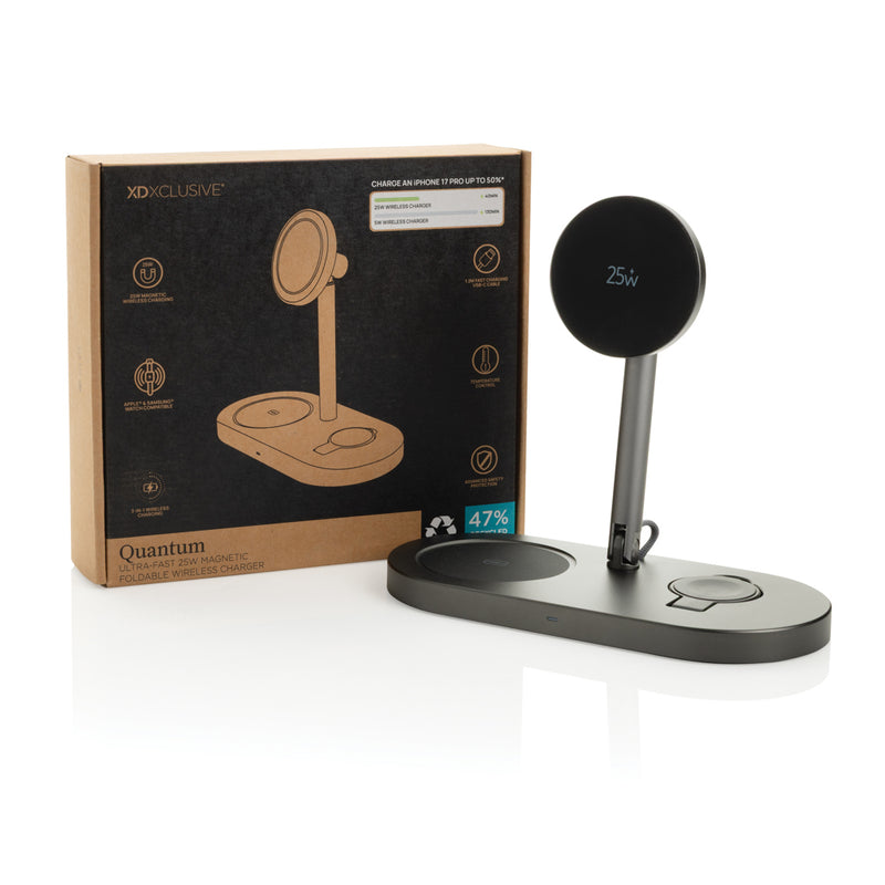 Load image into Gallery viewer, XD Xclusive Quantum RCS ultra-fast 25W magnetic wireless charger for phones and tablets, shown on a desk with charging devices.
