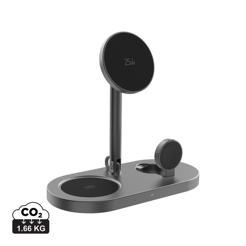 Load image into Gallery viewer, XD Xclusive Quantum RCS ultra-fast 25W magnetic wireless charger for phones and tablets, shown in a sleek desk setup.

