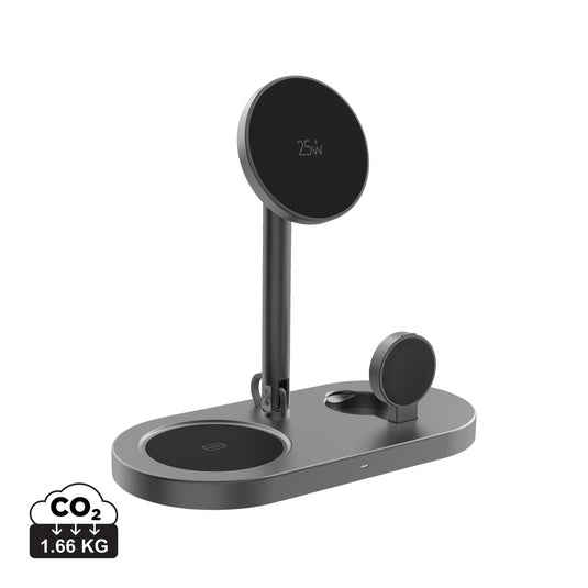 XD Xclusive Quantum RCS ultra-fast 25W magnetic wireless charger for phones and tablets, shown in a sleek desk setup.