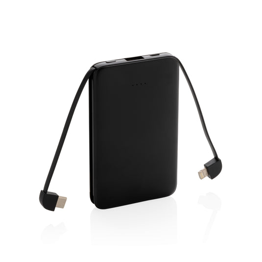 XD Collection 5,000 mAh pocket powerbank with integrated cables for phone and tablet charging, compact portable accessory.