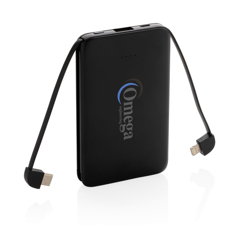 Load image into Gallery viewer, XD Collection 5,000 mAh pocket powerbank with integrated cables for phones and tablets, compact portable charging accessory.
