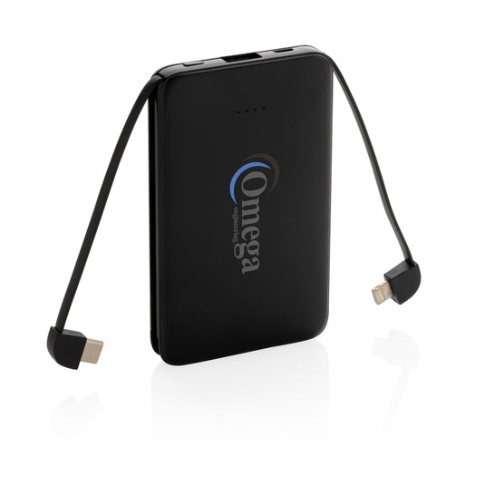 XD Collection 5,000 mAh pocket powerbank with integrated cables for phones and tablets, compact portable charging accessory.
