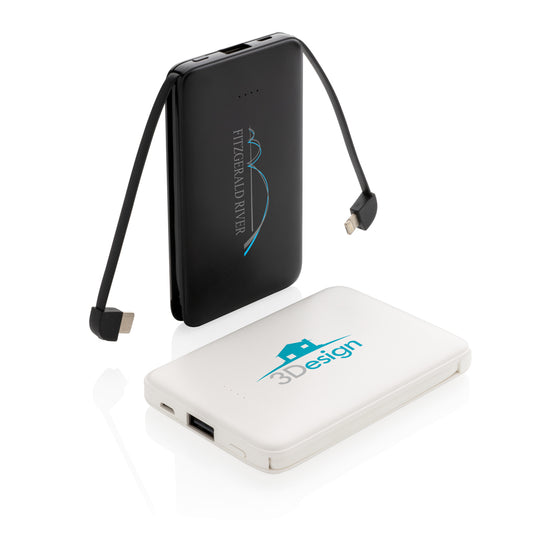 XD Collection 5,000 mAh pocket powerbank with integrated cables for phones and tablets, compact portable charging accessory.
