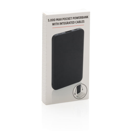 XD Collection 5,000 mAh pocket powerbank with integrated cables for charging phones and tablets on the go.