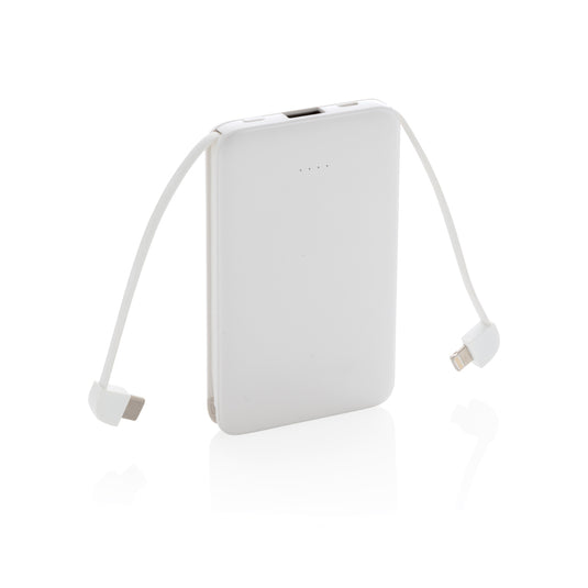 XD Collection 5,000 mAh pocket powerbank with integrated cables for phone and tablet charging, compact portable design.