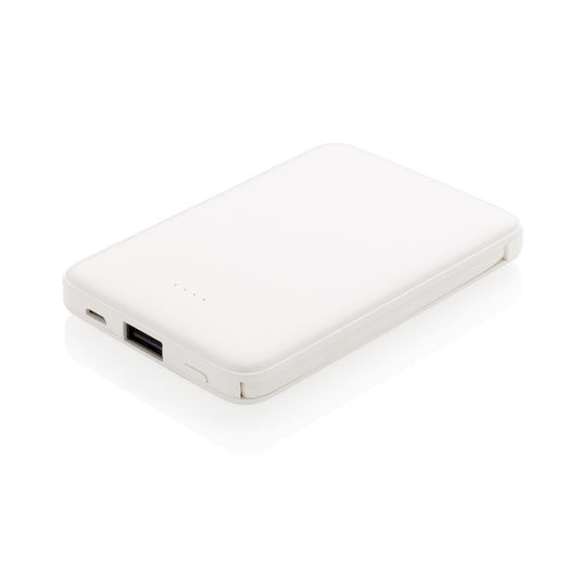 XD Collection 5,000 mAh pocket powerbank with built-in charging cables for phones and tablets, compact and portable.