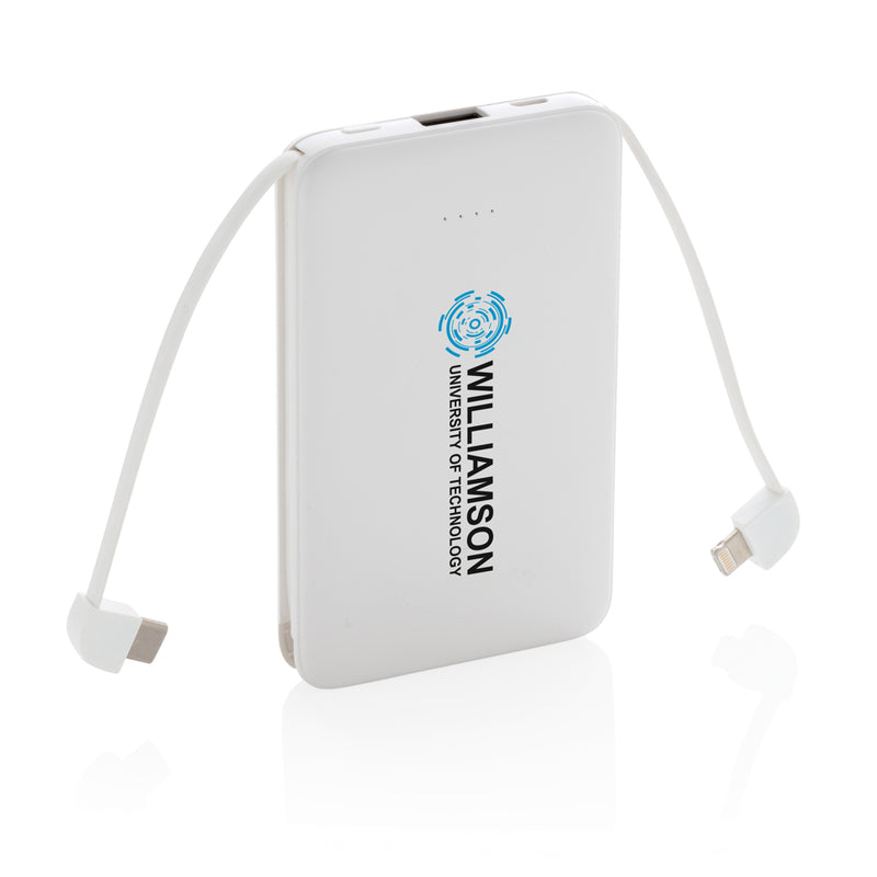 Load image into Gallery viewer, XD Collection 5,000 mAh pocket powerbank with integrated cables for phones and tablets, compact portable charging accessory.
