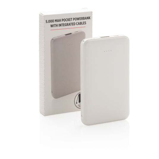 XD Collection 5,000 mAh pocket powerbank with integrated cables, portable phone and tablet charging accessory.
