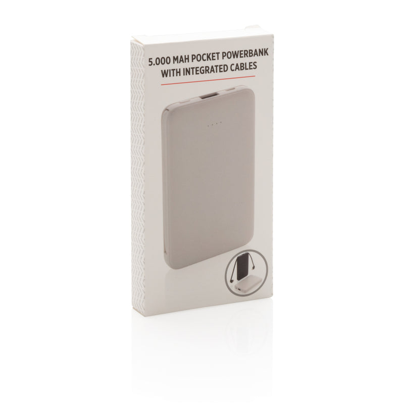 Load image into Gallery viewer, XD Collection 5,000 mAh pocket powerbank with integrated cables for phones and tablets, compact portable charging accessory.
