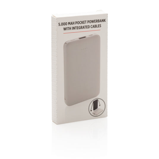 XD Collection 5,000 mAh pocket powerbank with integrated cables for phones and tablets, compact portable charging accessory.