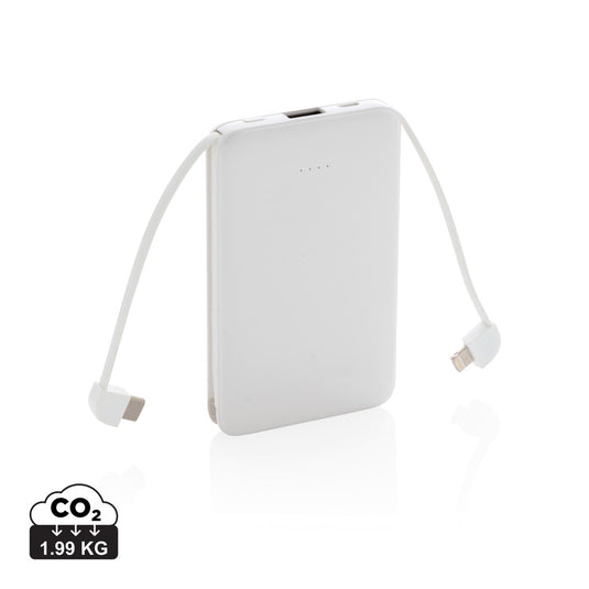 XD Collection 5,000 mAh pocket powerbank with integrated cables, compact portable phone and tablet charging accessory.