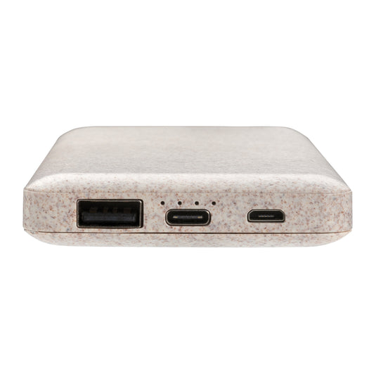 XD Collection 10,000mAh wheat straw powerbank for phone and tablet charging, eco-friendly design and portable size.