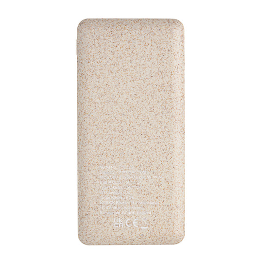 XD Collection 10,000mAh wheat straw powerbank for phones and tablets, eco-friendly portable charging accessory with multiple ports.