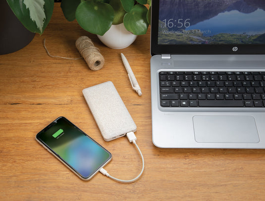 XD Collection 10,000mAh wheat straw powerbank for phones and tablets, eco-friendly portable charging device, compact design.