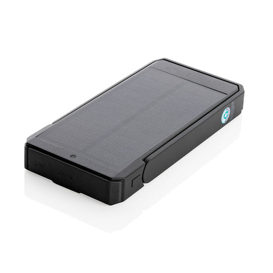 Skywave RCS recycled plastic solar powerbank 10000mAh from XD Xclusive, shown with solar panels and USB ports for charging phones and tablets.