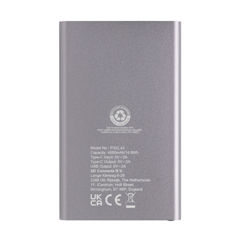 Load image into Gallery viewer, XD Collection RCS recycled plastic and aluminum 4000mAh power bank with Type C port, designed for phone and tablet charging.
