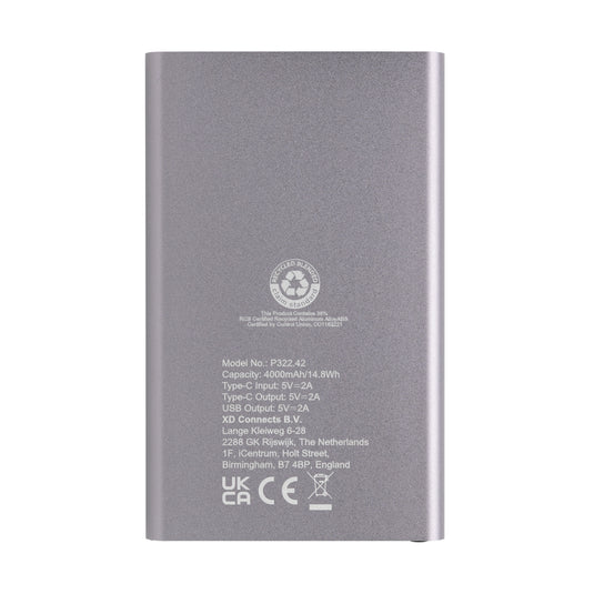 XD Collection RCS recycled plastic and aluminum 4000mAh power bank with Type C port, designed for phone and tablet charging.