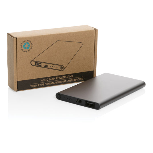 XD Collection recycled plastic and aluminum 4000mAh powerbank with Type C port, designed for phones and tablets.