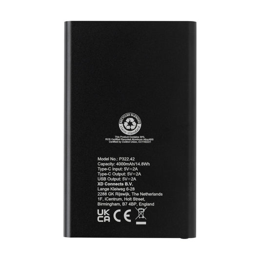 XD Collection RCS recycled plastic and aluminum 4000mAh powerbank with Type C port, suitable for phones and tablets.