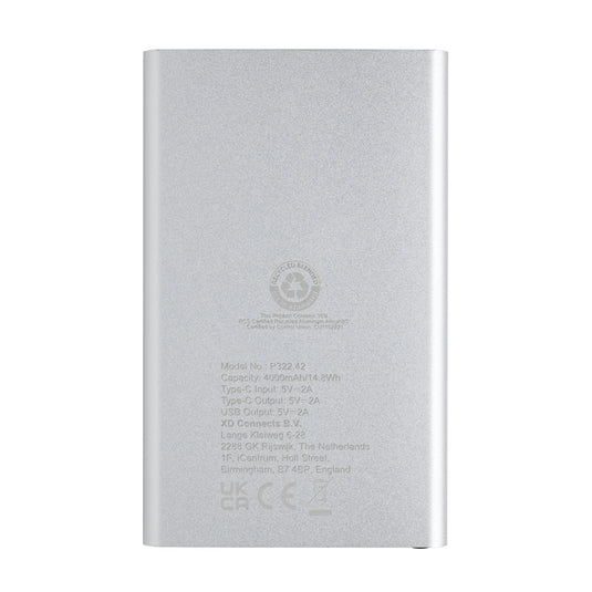 XD Collection recycled plastic and aluminum 4000mAh powerbank with Type C port for phone and tablet charging.