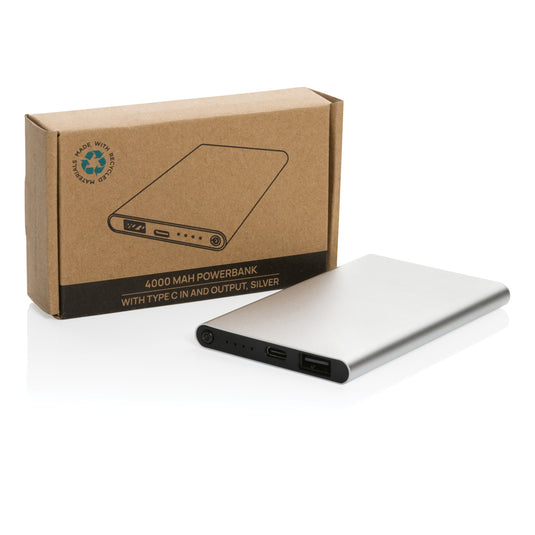 XD Collection recycled plastic and aluminum 4000mAh powerbank with Type C port for phones and tablets, compact and eco-friendly design.