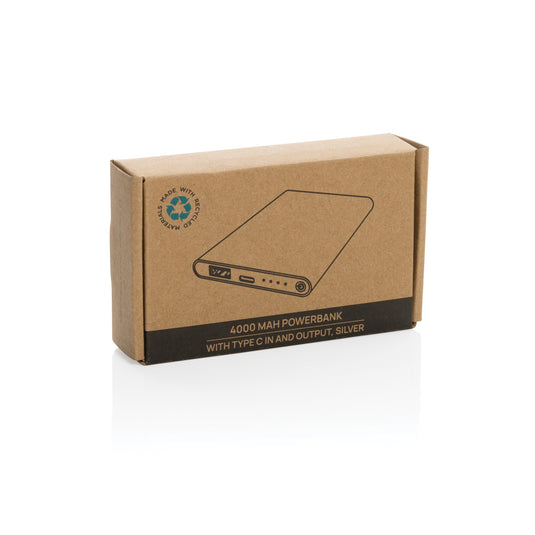 XD Collection RCS recycled plastic and aluminum 4000mAh powerbank with Type C port for phones and tablets.
