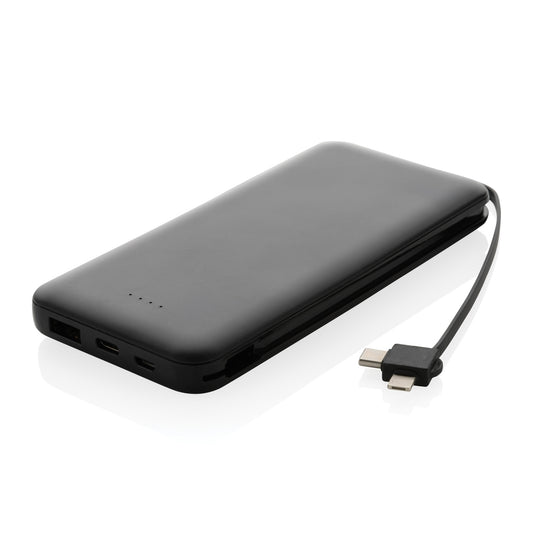 XD Collection Lockhart RCS recycled plastic 10,000mAh power bank with integrated cables for phones and tablets.