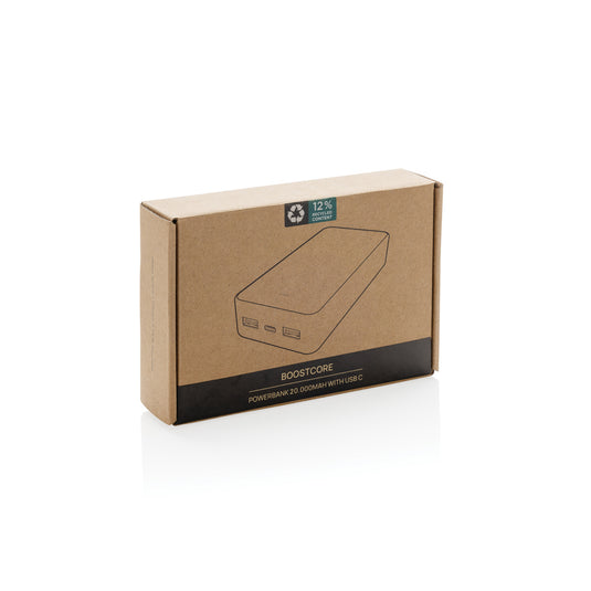 Boostcore RCS recycled plastic powerbank by XD Collection with 20,000mAh capacity, USB-C port, for phones and tablets.