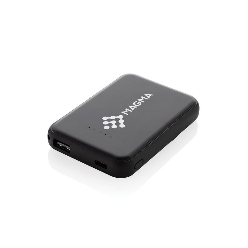 Load image into Gallery viewer, XD Collection Stellar RCS recycled plastic 5000mAh 5W magnetic powerbank for phones and tablets, shown with magnetic attachment and USB port.

