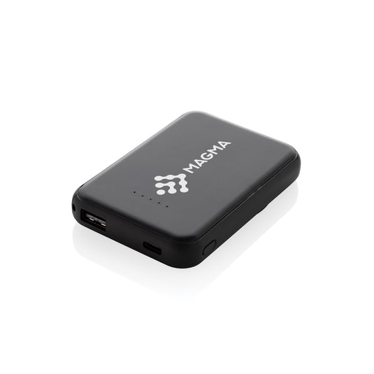 XD Collection Stellar RCS recycled plastic 5000mAh 5W magnetic powerbank for phones and tablets, shown with magnetic attachment and USB port.