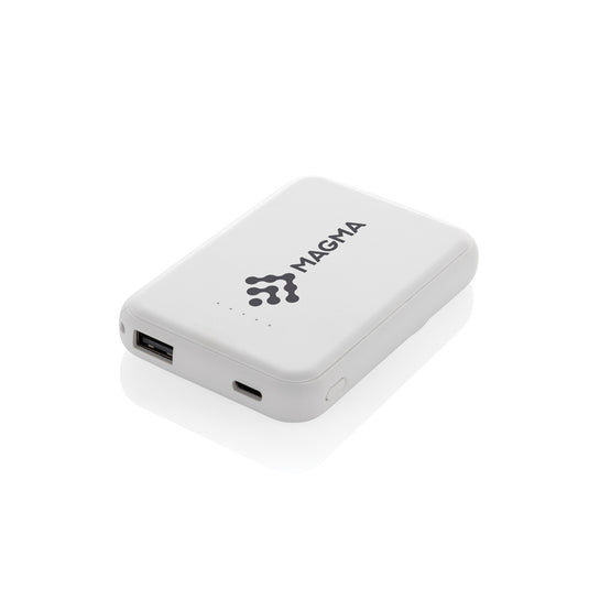 XD Collection Stellar RCS recycled plastic 5000mAh 5W magnetic powerbank for phones and tablets, shown with magnetic attachment