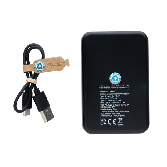 XD Collection recycled plastic 5,000mAh powerbank for phones and tablets, compact and eco-friendly portable charging accessory.