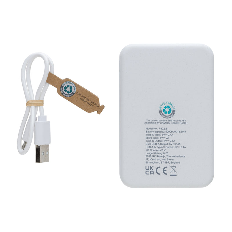 Load image into Gallery viewer, XD Collection recycled plastic 5,000 mAh powerbank for phones and tablets, shown with USB ports and eco-friendly design.
